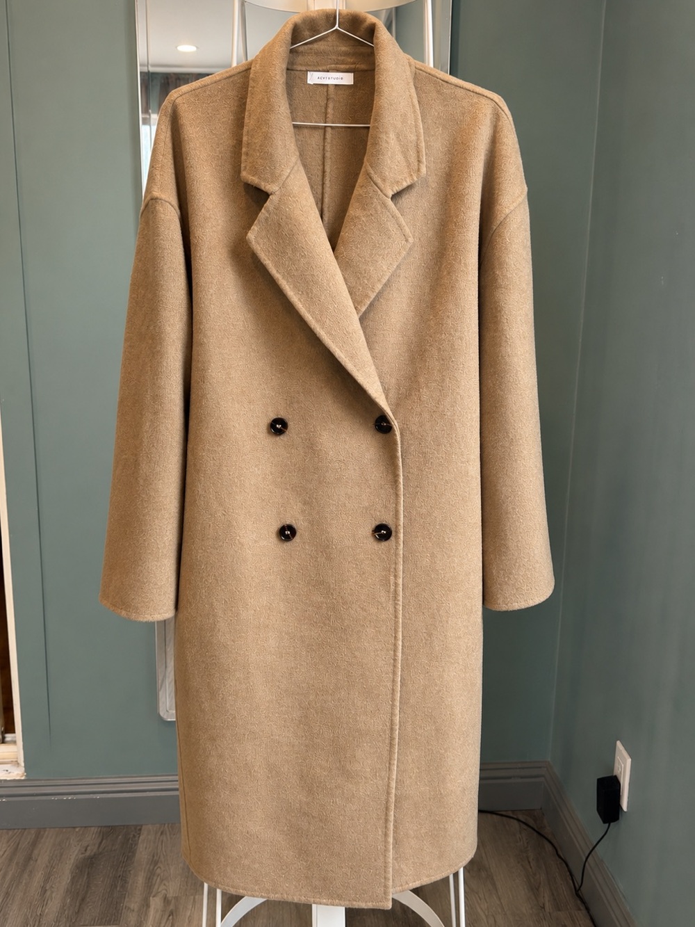 100% Wool Long Camel Coat Minimalist Oversized Double Breasted Maxi Coat